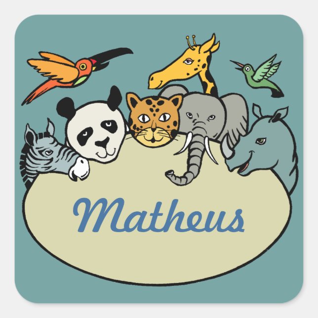 personalised zoo family animals square sticker (Front)