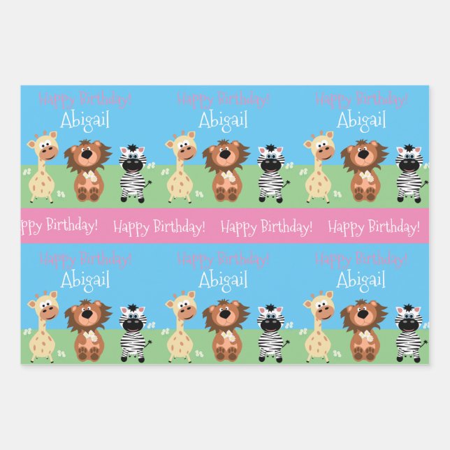 Personalised Zoo Themed Kids Wrapping Paper Sheet (Front)