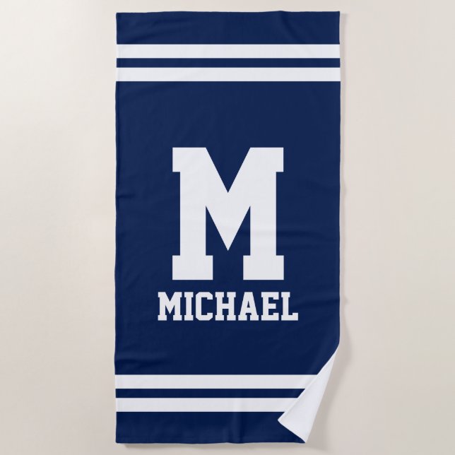 Personalises name monogram blue and white stripe beach towel (Front)