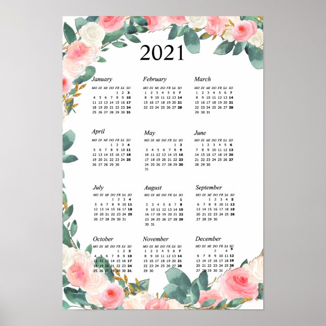 Personalisierbar Kalender 2021 Floral Poster (Front)
