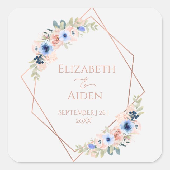Personalisierbar Peach Blue Wedding Collection Square Sticker (Front)