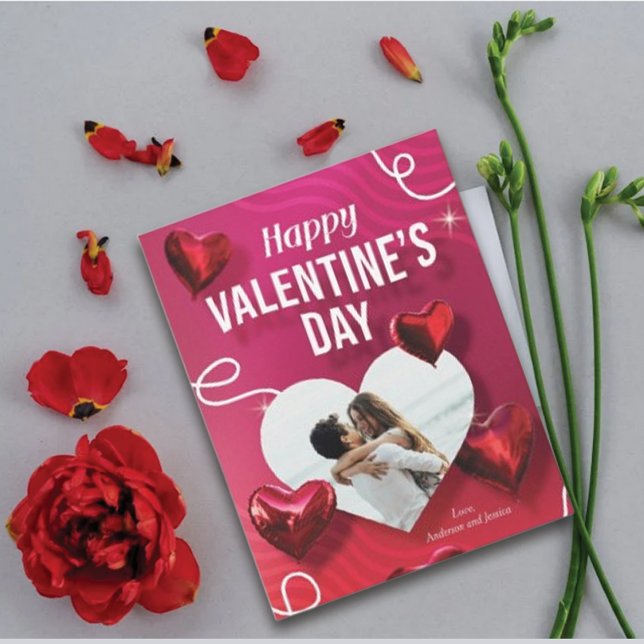 Personaliz Happy Valentine's Photo Balloon Hearts Holiday Card (Creator Uploaded)