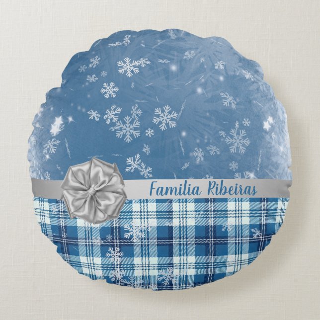 Personaliza Navidad Elegante Cuadriculado Azul  Round Cushion (Front)