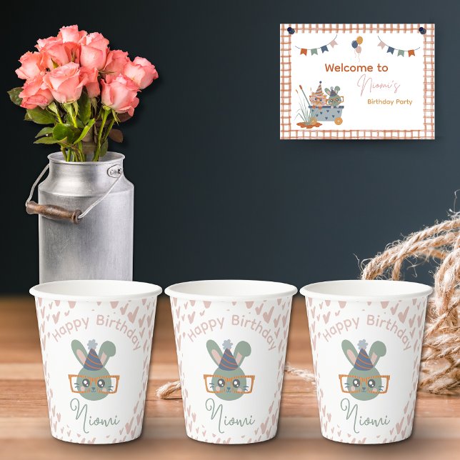 Personalizable Animals Birthday Cup (Farm Animal Birthday Paper Cups Bunny)