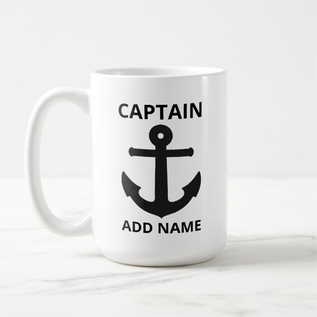 Personalizable Black Anchor Captain Name Coffee Mug (Left)
