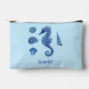 Personalizable Blue Seahorse & Seashells Accessory Pouch