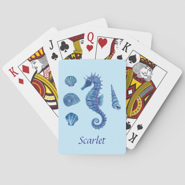 Personalizable Blue Seahorse & Seashells Playing Cards (Back)