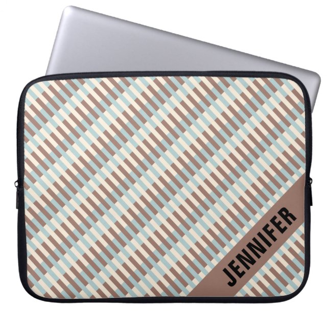 Personalizable Brown Tan Blue Stripes Laptop Sleeve (Front)