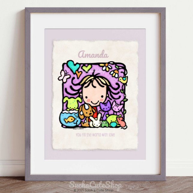 Personalizable! Cute Girl Loves Animals Art Poster (Creator Uploaded)