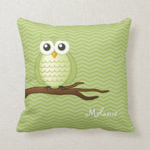 Personalizable Cute Owl   Green Chevrons Cushion