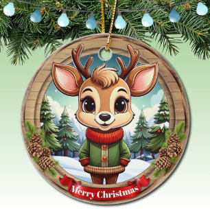 Personalizable cute reindeer character Art 🦌🎄 Ceramic Ornament