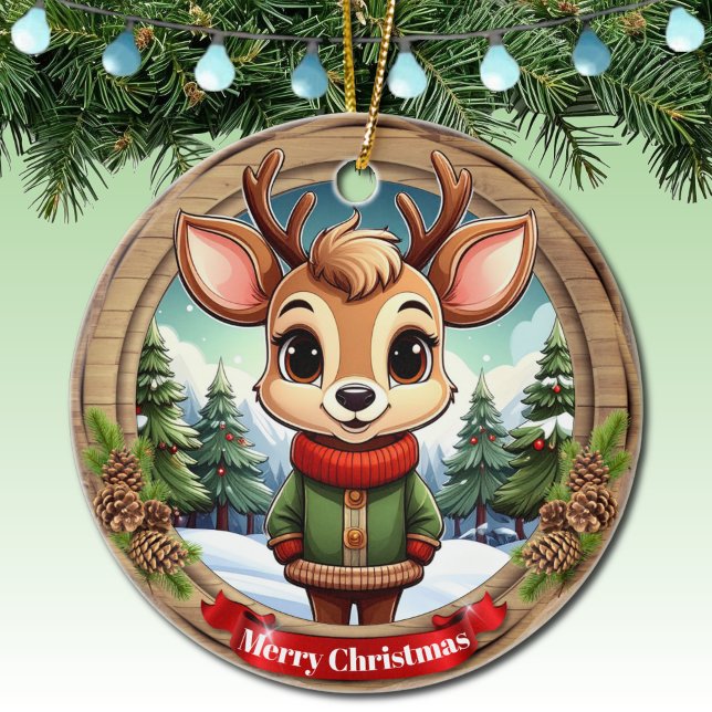 Personalizable cute reindeer character Art 🦌🎄 Ceramic Ornament (Personalizable cute reindeer character art xmas wildlife animal rustic pinecone ceramic ornament🦌🎄)