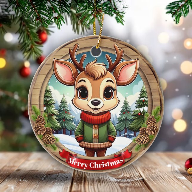 Personalizable cute reindeer character Art 🦌🎄 Ceramic Ornament (Personalizable cute reindeer character art xmas wildlife animal rustic pinecone ceramic ornament🦌🎄)