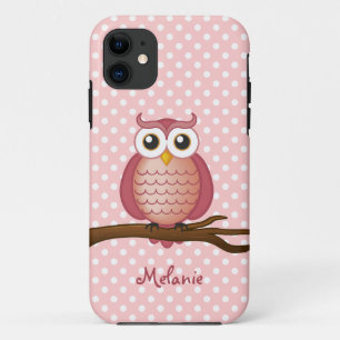 Personalizable Girly Owl Pink Polka Dot iPhone 11 Case