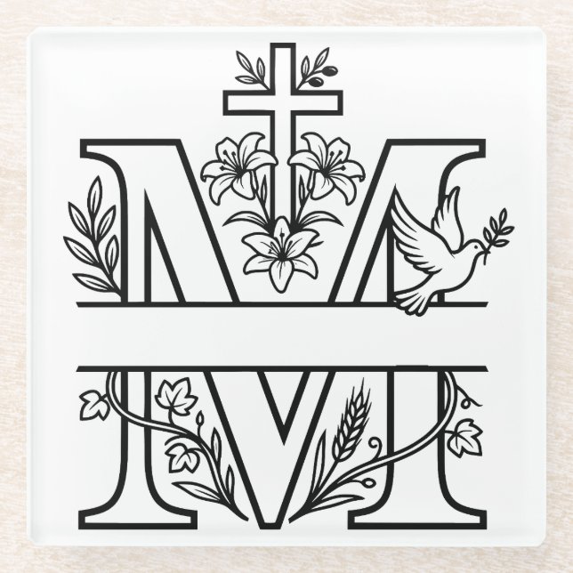 Personalizable M Christian Monogram  Glass Coaster (Front)