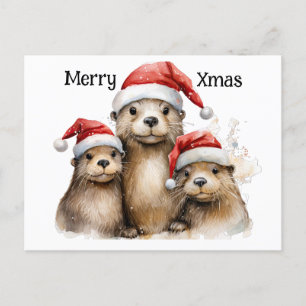 Personalizable Merry Xmas Three Otters Holiday Postcard
