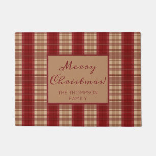 Personalizable Name Red And Beige Plaid Christmas Doormat