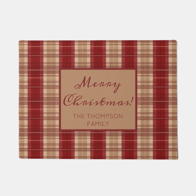 Personalizable Name Red And Beige Plaid Christmas Doormat (Front)