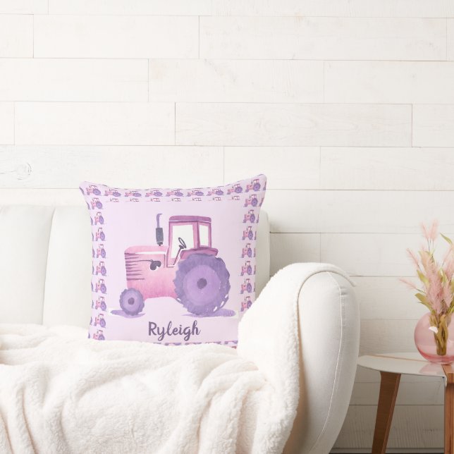 Personalizable Pink and Purple Watercolor Tractor  Cushion (Couch)