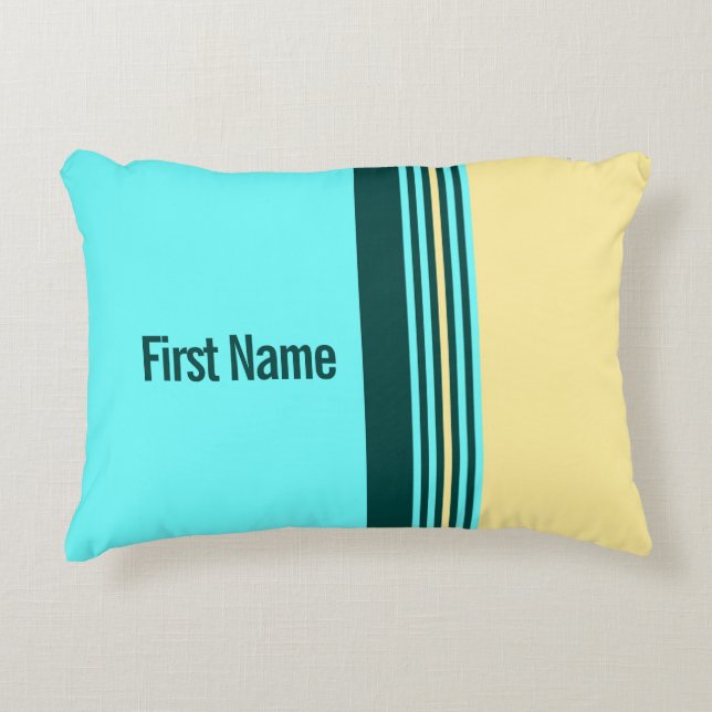 Personalizable Turquoise Yellow Stripes Decorative Cushion (Front)