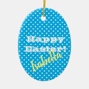 Personalizable Vintage Blue Polka Dot Happy Easter Ceramic Ornament