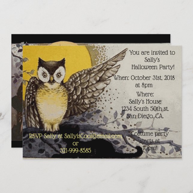 Personalizable Vintage Owl Halloween Party Invitation (Front/Back)