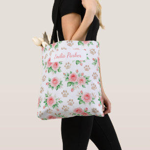 Personalizable Watercolor Rose and Paw Print Tote  Bag