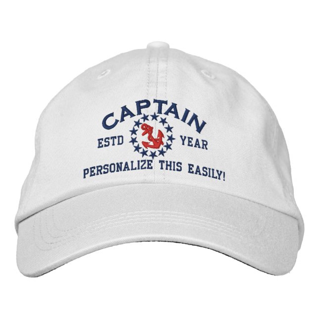 Personalizable YEAR and Names Captain Yacht Flag Embroidered Hat (Front)