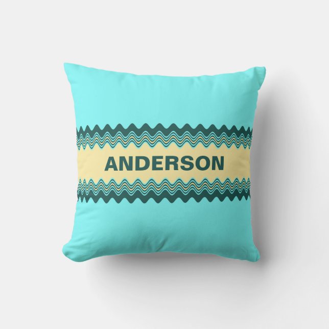 Personalizable Yellow Blue Wavy Striped Pattern Cushion (Front)