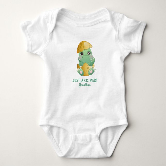 Personalizd Cute Dinosaur Egg Just Arrived Baby Bodysuit (Front)