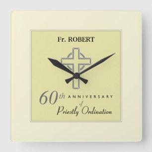 Personalize, 60th Anniversary of Priest Embossed Square Wall Clock