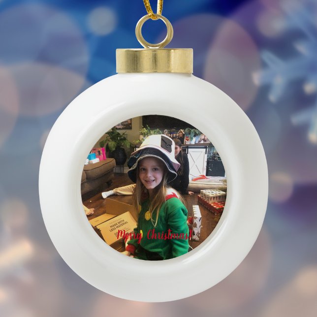 PERSONALIZE/Add Your Photo Ceramic Ball Christmas Ornament (Upload a Photo...Christmas Photo Ball With Merry Christmas In Script Writing,)