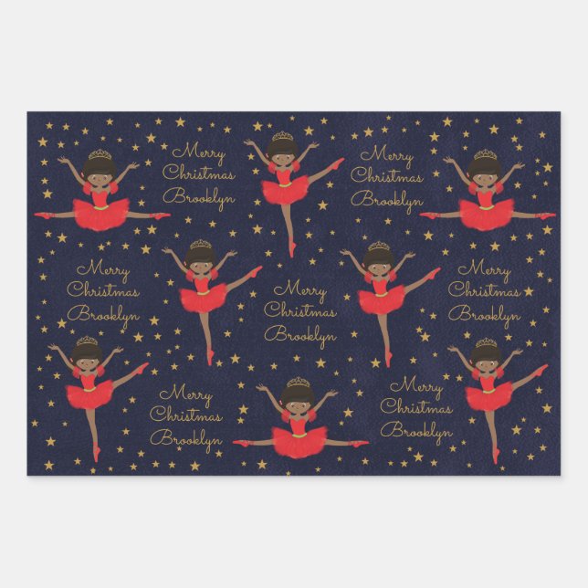 Personalize African American Christmas Ballerina Wrapping Paper Sheet (Front)