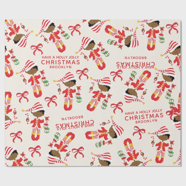 Personalize African American Christmas Elf Wrapping Paper (Flat)