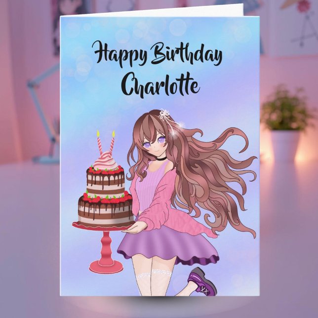 Personalize Anime Teenager Girl With Birthday Cake Card (Creator Uploaded)