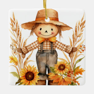 Personalize Autumn Wishes Scarecrow And Sunflower Ceramic Ornament