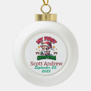 Personalize  Baby First Christmas Brown Santa Deer Ceramic Ball Christmas Ornament