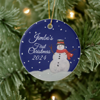 PERSONALIZE Baby's first Christmas. Happy Snowman  Ceramic Ornament