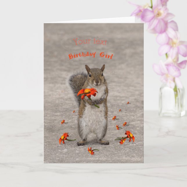 Personalize Birthday Girl  Squirrel with flower Card (Orchid)