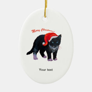 Personalize Black Kitten Merry Christmas Ceramic Ornament