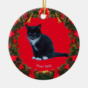 Personalize Black Kitten Tuxedo sitting Meows  Ceramic Ornament