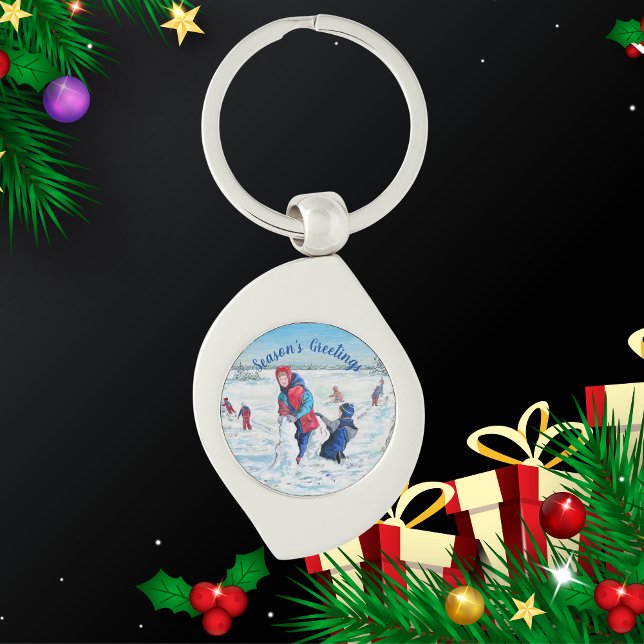  PERSONALIZE Blue and Reds Winter Painting Scene Key Ring (Elegant Keychain with wintery children playing landscape.)