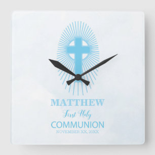 Personalize, Blue First Holy Communion Cross Host Square Wall Clock