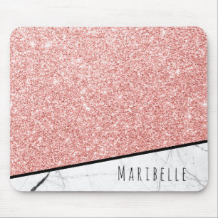 Personalize Blushed Rose Gold Faux Glitter Marble Mouse Pad