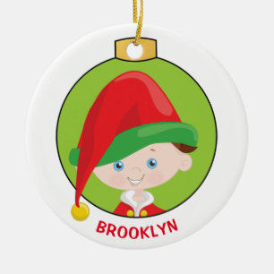 Personalize Brunette Boy Elf Ceramic Ornament