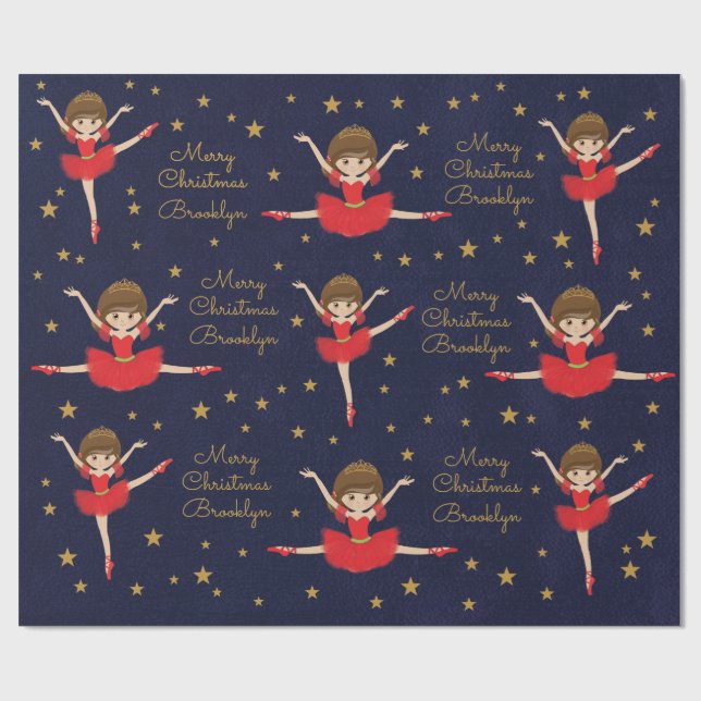 Personalize Brunette Christmas Ballerina Wrapping Paper (Flat)