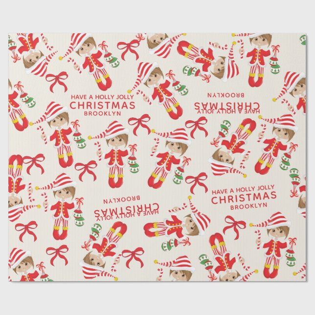 Personalize Brunette Girl Elf Wrapping Paper (Flat)