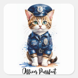 Personalize Cat in Police Uniform Watercolor Art Square Sticker