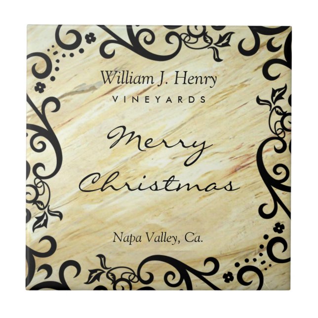 Personalize Christmas Marble Scroll Wine Ceramic Tile (Front)