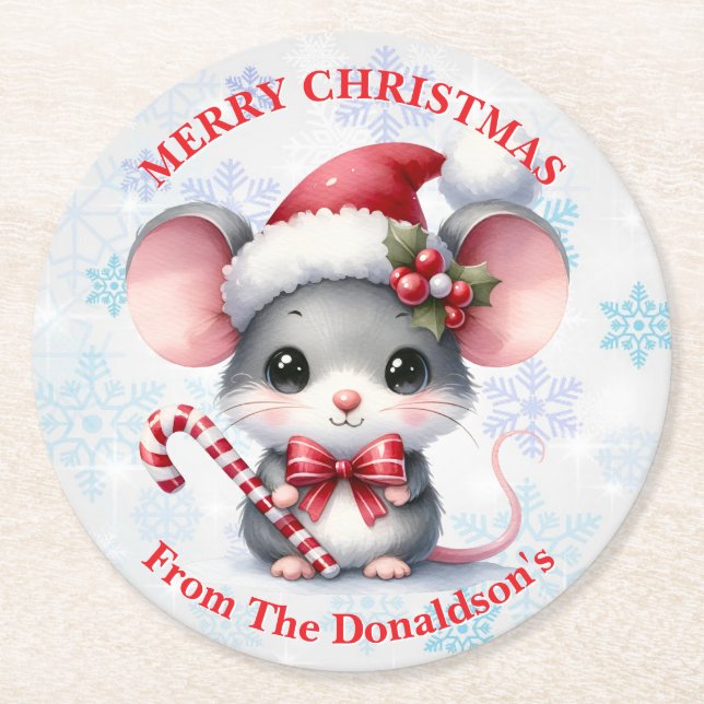 Personalize Christmas Mouse with Family Name Round Paper Coaster (Front)